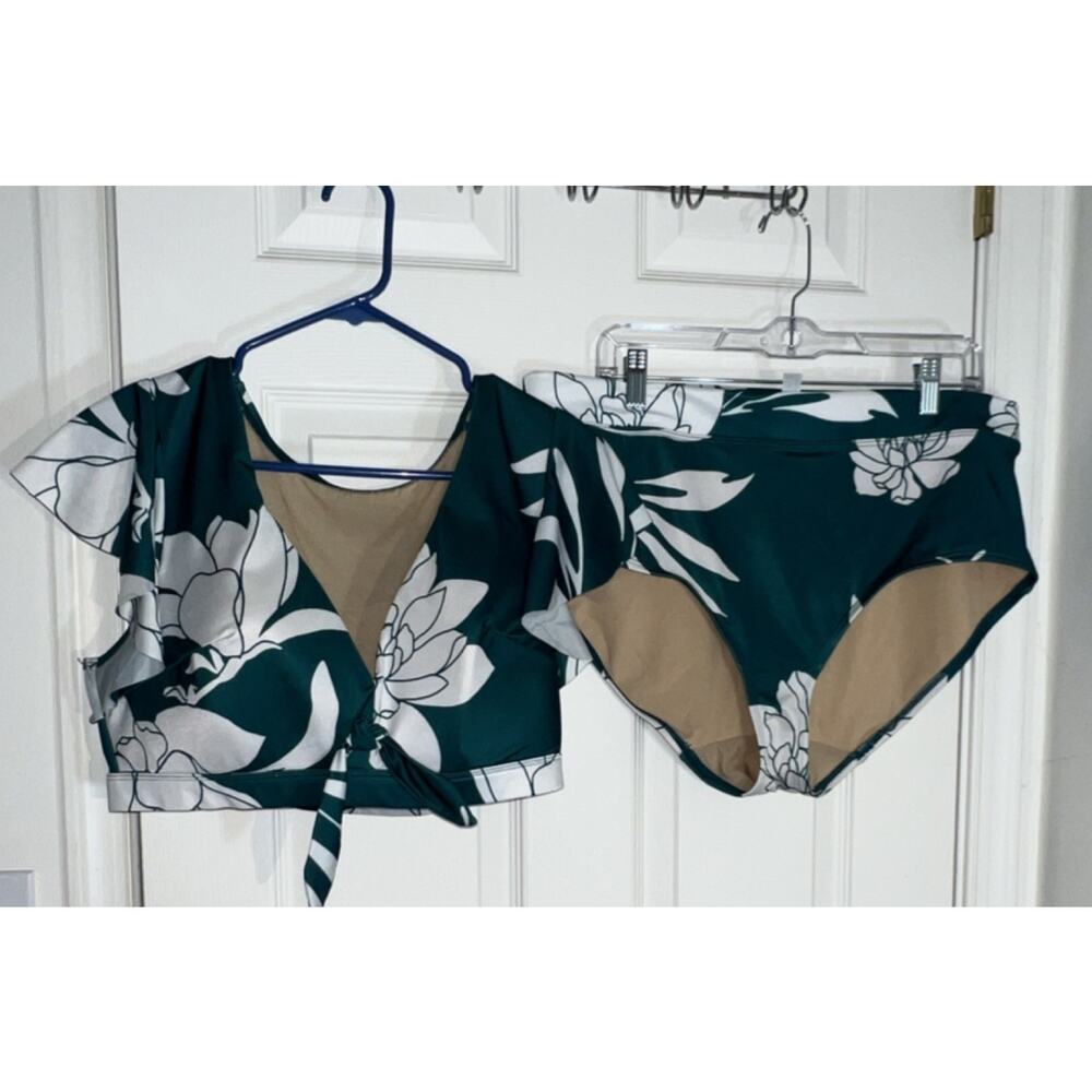 Swim by Cacique Floral Bikini Set Teal Green White Flutter Sleeve High Waist 16